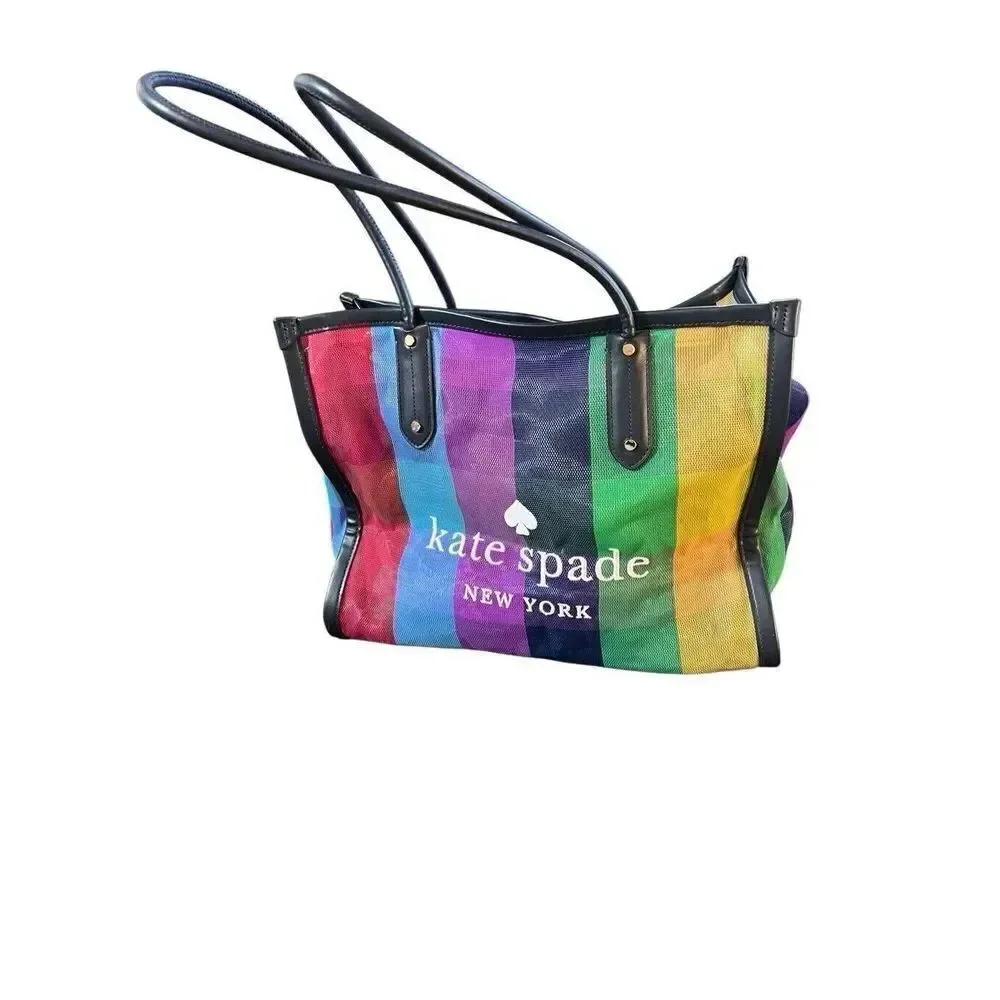 NWOT Kate Spade Ella Extra Large Rainbow Mesh Bag Tote Zip Top Embroidered Logo